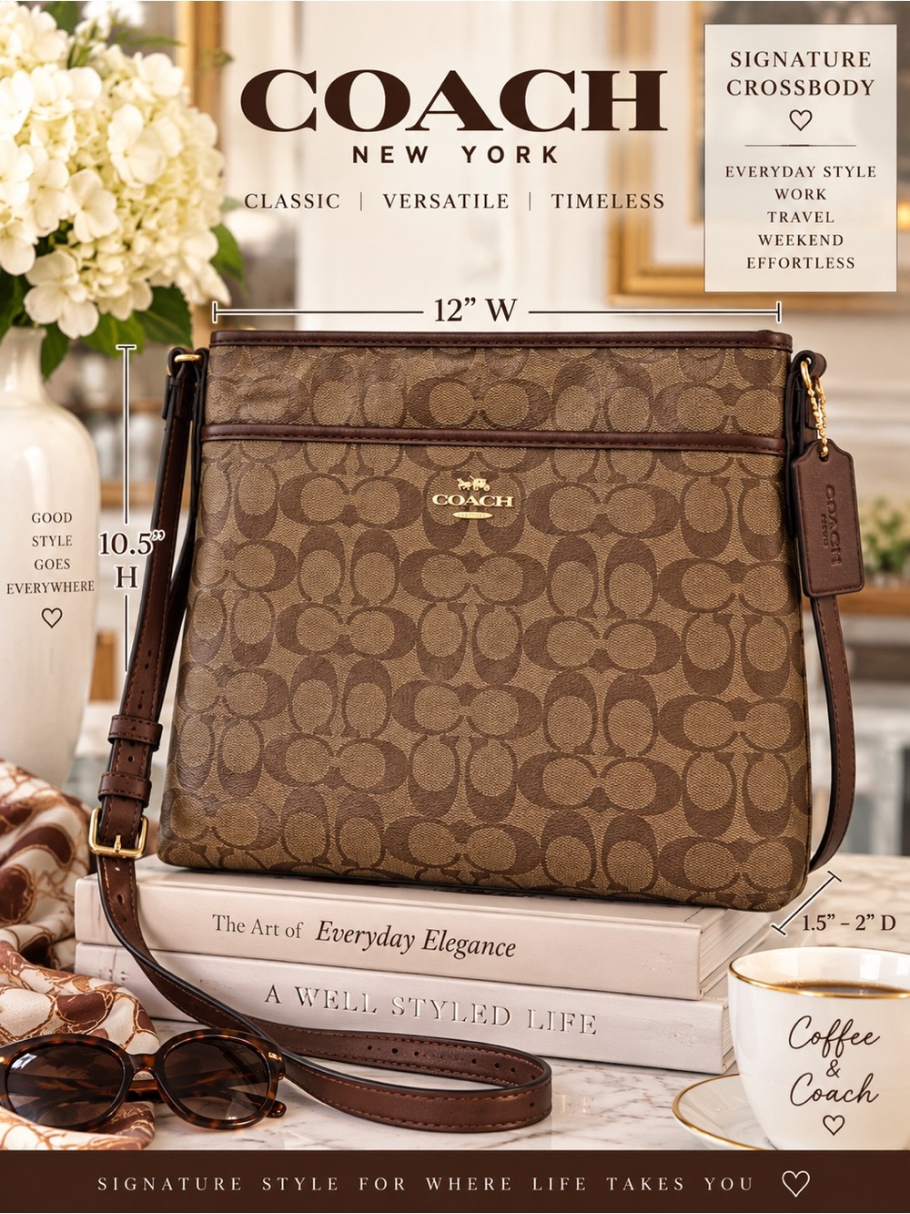 Coach Brown Signature Canvas Messenger Bag with Leather Trim